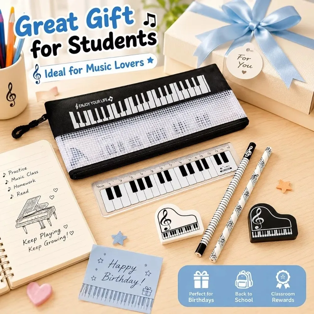 6Pcs 6-Piece Set Music Stationery Set Pencil Bag Bill Organizer Note Pouch Music Theme School Supplies Ruler Pencil Eraser