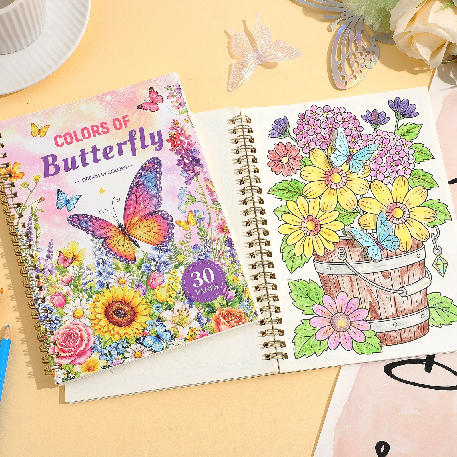 30 Sheets Butterfly and Flower Coloring Book 3D Butterfly Designs One-Side Printed Pages for Relaxation Stress Relief Doodling