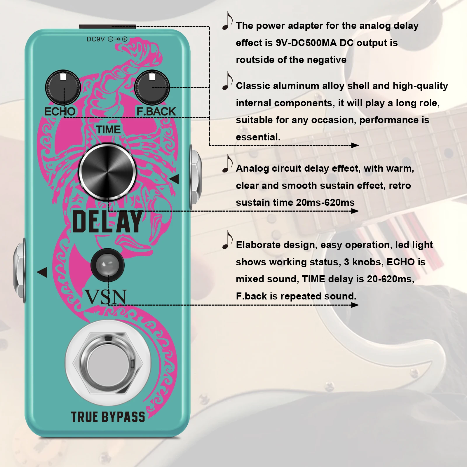 VSN Guitar Delay Pedal Analog Delay Guitar Effect Pedal Switching, Fully Vintage Delay  Analog Circuit Universal for Guitar Peda