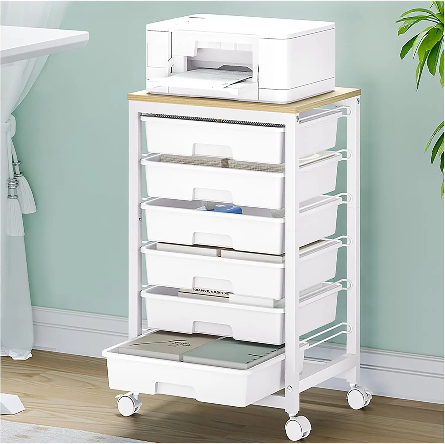

Rolling Storage Cart with 6 Drawers and Wooden Tabletop for Under Desk Organization, White