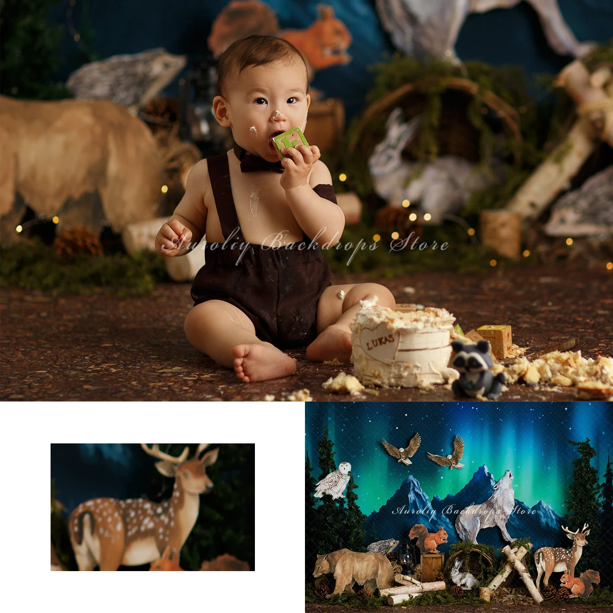 

Northern Lights Backgrounds Cake Smash Kids Adult Photography Props Child Baby Decors Jungle Bear Deer Animals Photo Backdrops