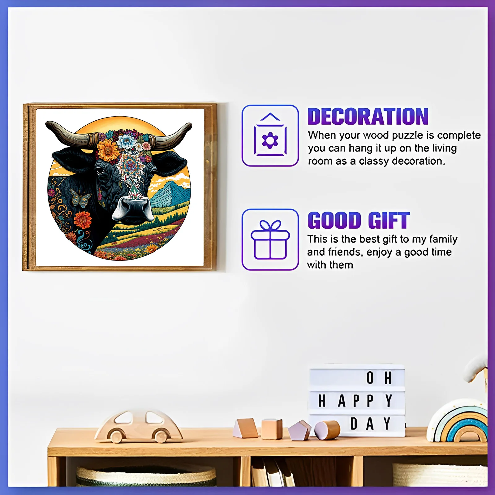 둥근 암소 나무 퍼즐 - 불규칙한 동물 모양, 무독성 교육 장난감, 성인을 위한 가정 장식 선물