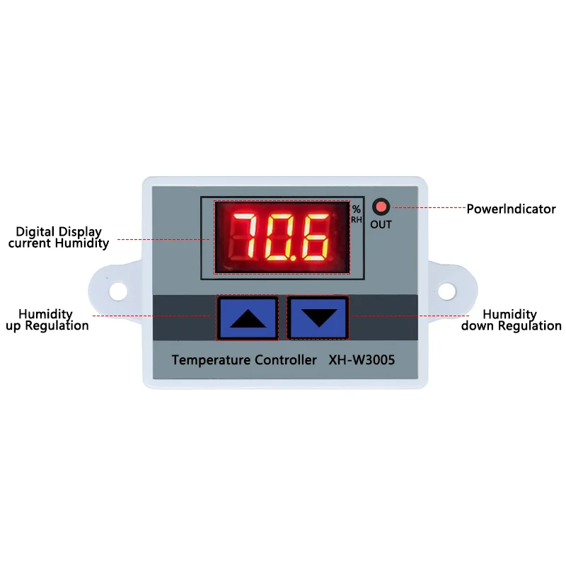 XH-W3005 W3005 DC 12V 24V 220V 10A Digital Humidity Controller Hygrometer Control Switch 0~99%RH Hygrostat w/ Humidity Sensor