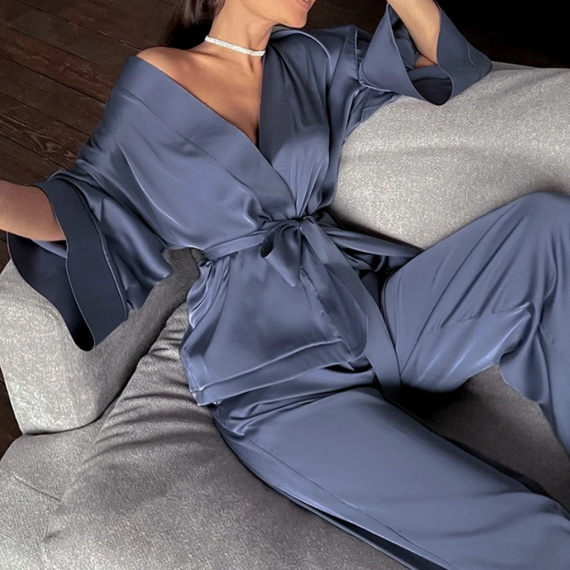 New Women Pajama Suit Sleepwear Causal Comfort Soft Bathrobe Long sleeved tie up Trouser Suits Loose Home Clothes Loungewear
