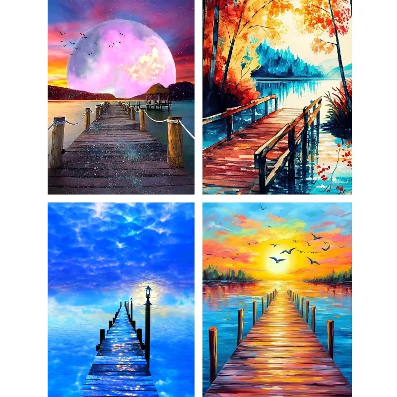 DIY 5D Sunset Pier Scenery Diamond Painting Dock Bridge Wooden Jetty To The Sea Full Drill Diamond Embroidery Mosaic Art Gift