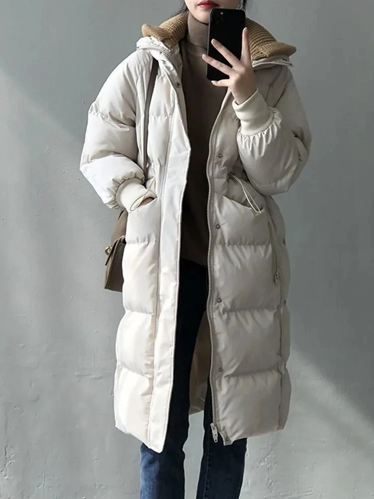 Cotton Padded Woolen Removable Hooded Down Jacket For Women\'s Winter Long Loose Thickened Warm Woolen Hooded Snow Parka Coat