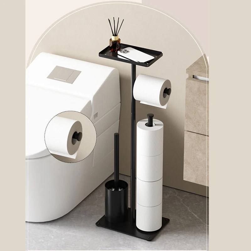 Bodenstehender Taschentuchhalter für das Badezimmer, mobiler Toilettenpapierständer mit Stauraum, keine Nagelmontage, inklusive Pinsel- und Rollenpapierhalter
