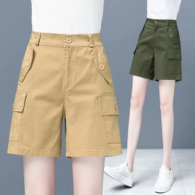 Fashion Zipper Button Pockets Solid Color Straight Cargo Shorts Female Clothing 2024 Summer New Loose High Waist Casual Shorts