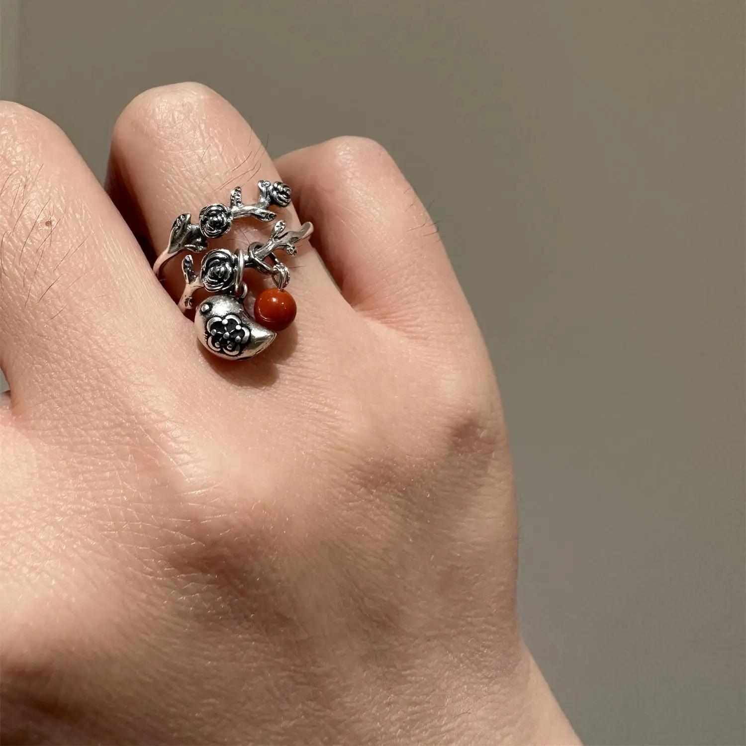 Silver 925  Rose flower vine winding little bird Ring Stacked Vintage Southern Red Tourmaline Round beads ring Charm Jewelry