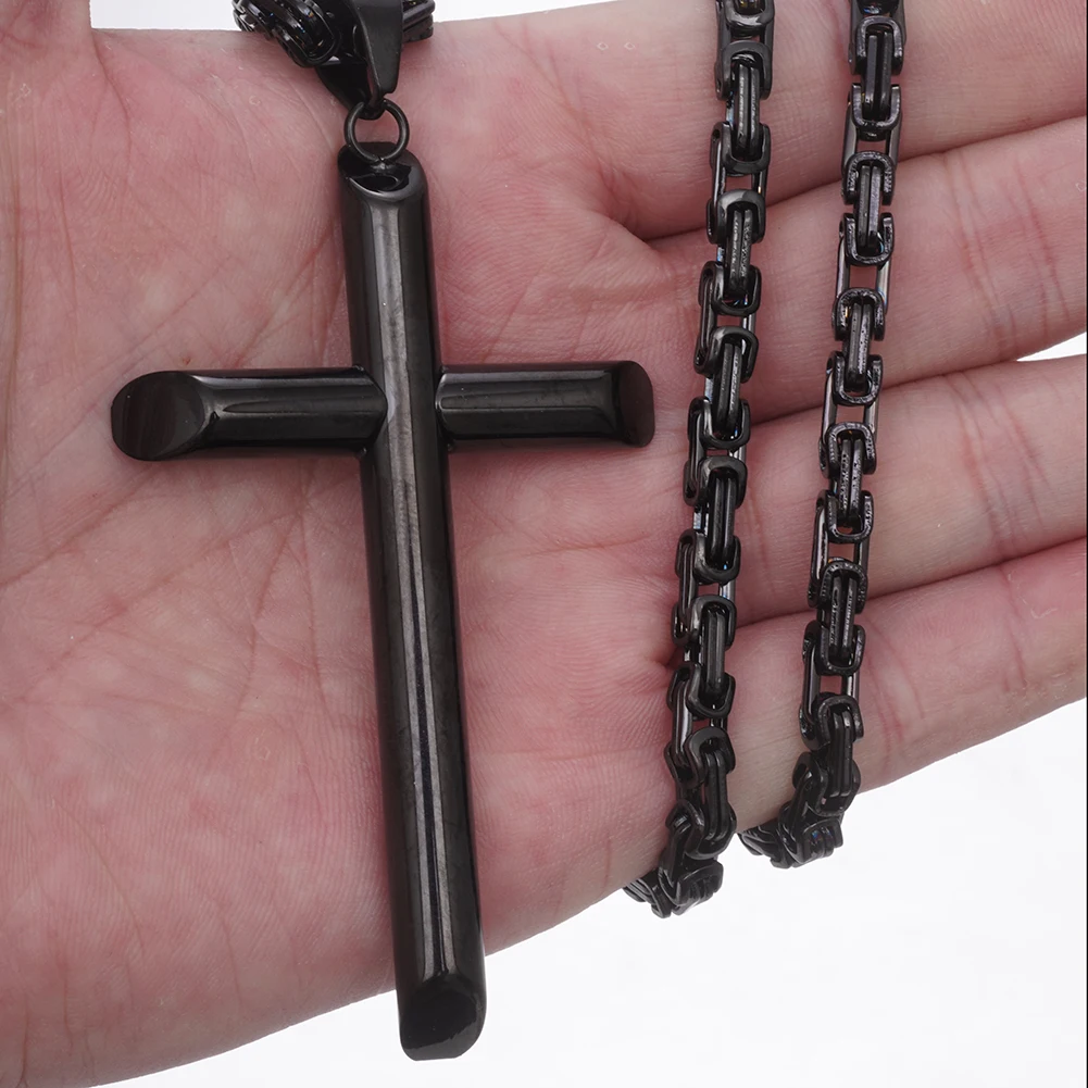 Black Stainless Steel Big Simple Cross Pendant Necklace with Byzantine Box Chain 22inch-36inch