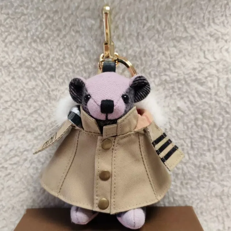 New Genuine Leather Cashmere Plaid Teddy Bear Charm Car Keychain Hanging Ornament Cute Women's Bag Plush Doll Gift