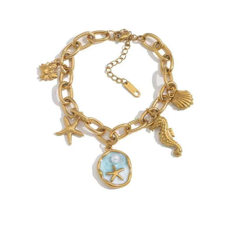 Ocean Style Starfish Pearl Pendant Bracelet for Women Stainless Steel Waterproof Jewelry for Swimming Beach Trip Wear