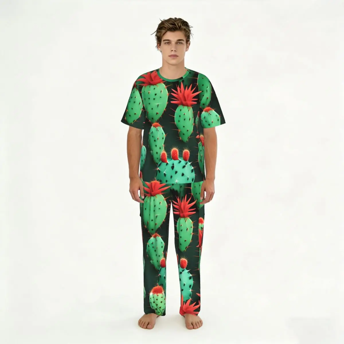 

Men's Pajamas Set Summer Short-Sleeve Tops + Long Pants Nightwear Home Wear Suits Green Cactus Sleepwear