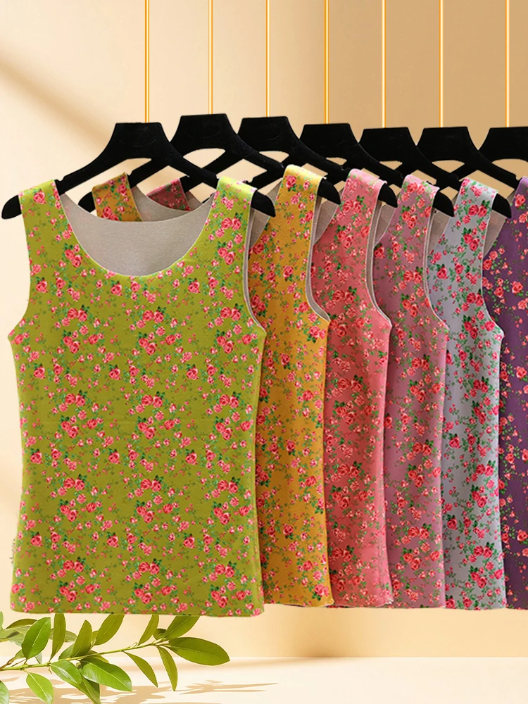 Thiened Fce Warm Floral Vest Women's round Ne Svel Top Inner Wear Slim Fit Sl Base irt Home Clothes