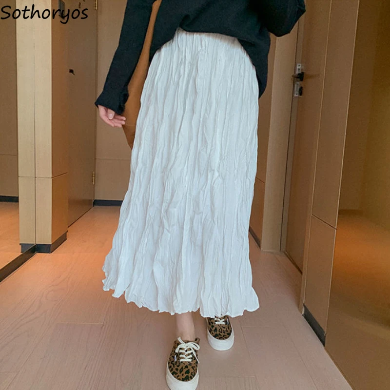 

Long Skirts Women Loose Casual Folds High Waist Simple French Style Elegant A-line Soft Daily Streetwear Cozy Female Chic Faldas