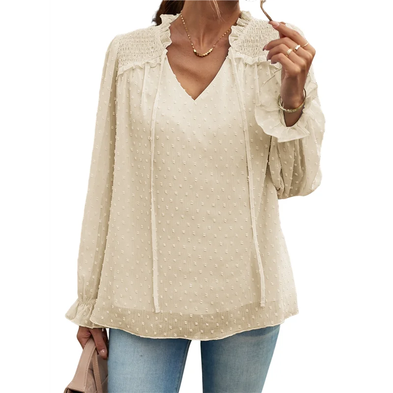

ASDS-Women's Casual Blouse Swiss- Dot Summer Shirts Elegent V Neck Long Sleeve Loose Dressy Office Tops