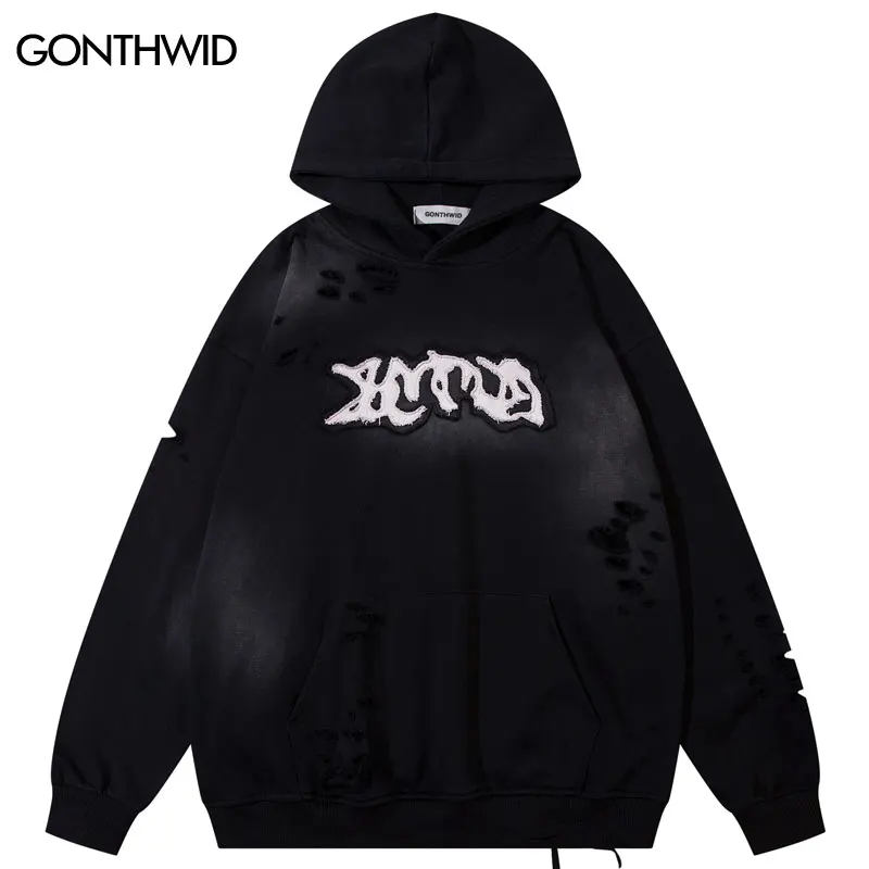 Vintage Ripped Hoodie Y2K Streetwear Hip Hop Embroidery Letter Patch Distressed Hole Washed Hooded Sweatshirt 2023 Punk Pullover