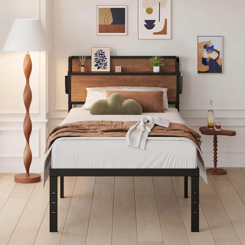 16 Inch Twin XL Bed Frames with Wood Headboard, Storage Bed Frame Twin XL No Box Spring Needed, Noise Free, Mahogany