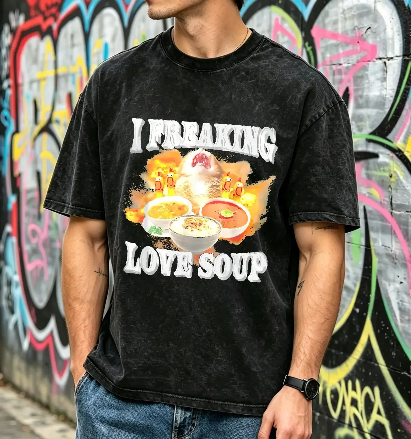 washed T Shirt I Freaking Love Soup Kitten long or short sleeves vintage Washed Stylish Versatile Casual Top For Everyday Wear