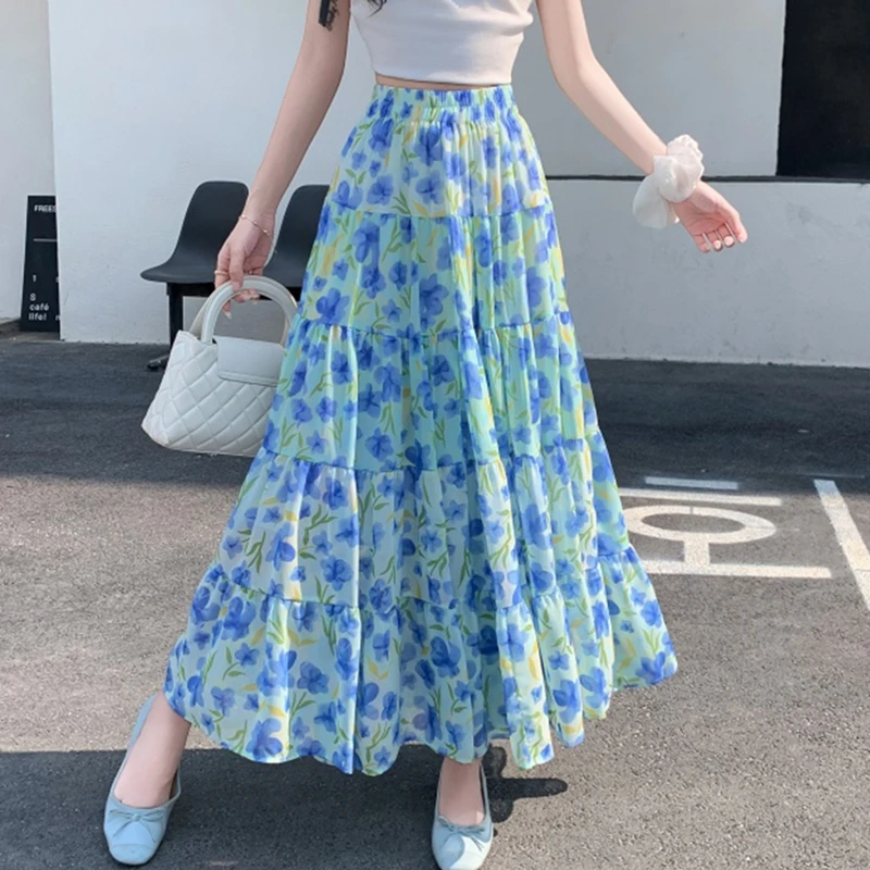 Boho Flower Chiffon Beach Long Skirt Women Spring Summer High Waist Splicing A-line Dance Party Big Swing Skirt Ladies