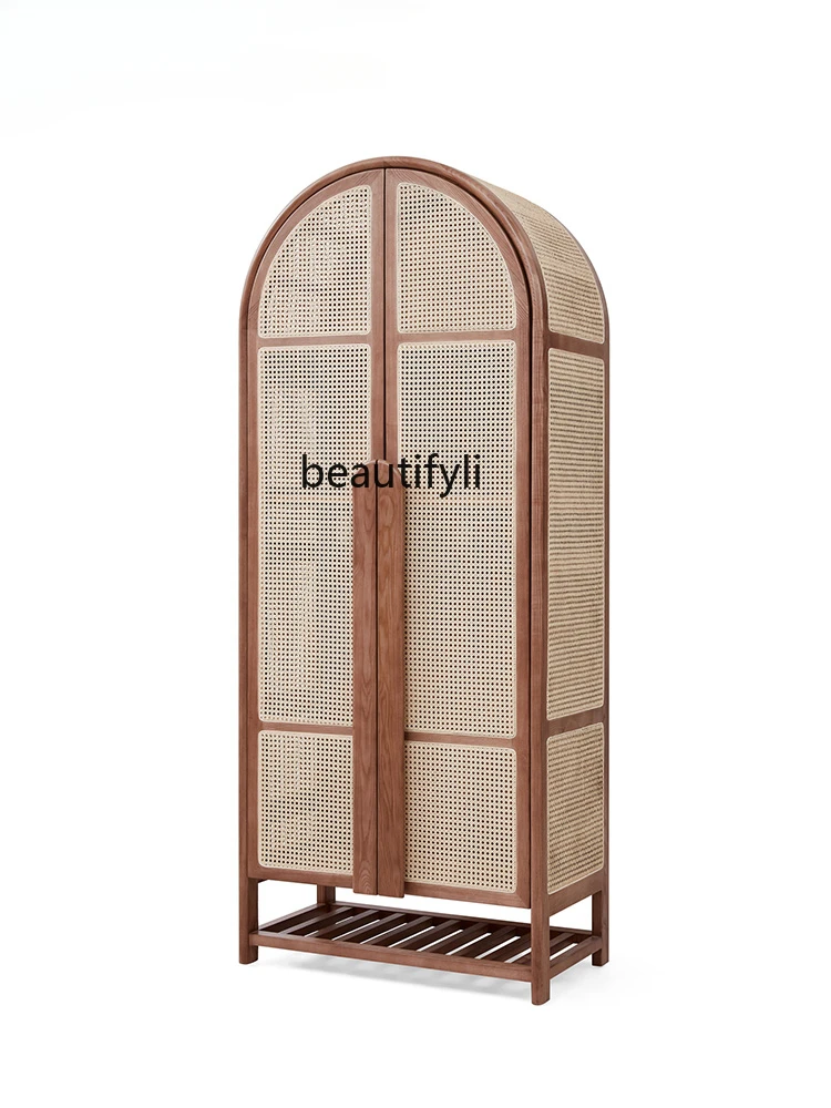 Nordic Solid Wood Rattan Wardrobe Small Apartment Retro B & B Arch Dome Vertical Hinged Door Storage Wardrobe