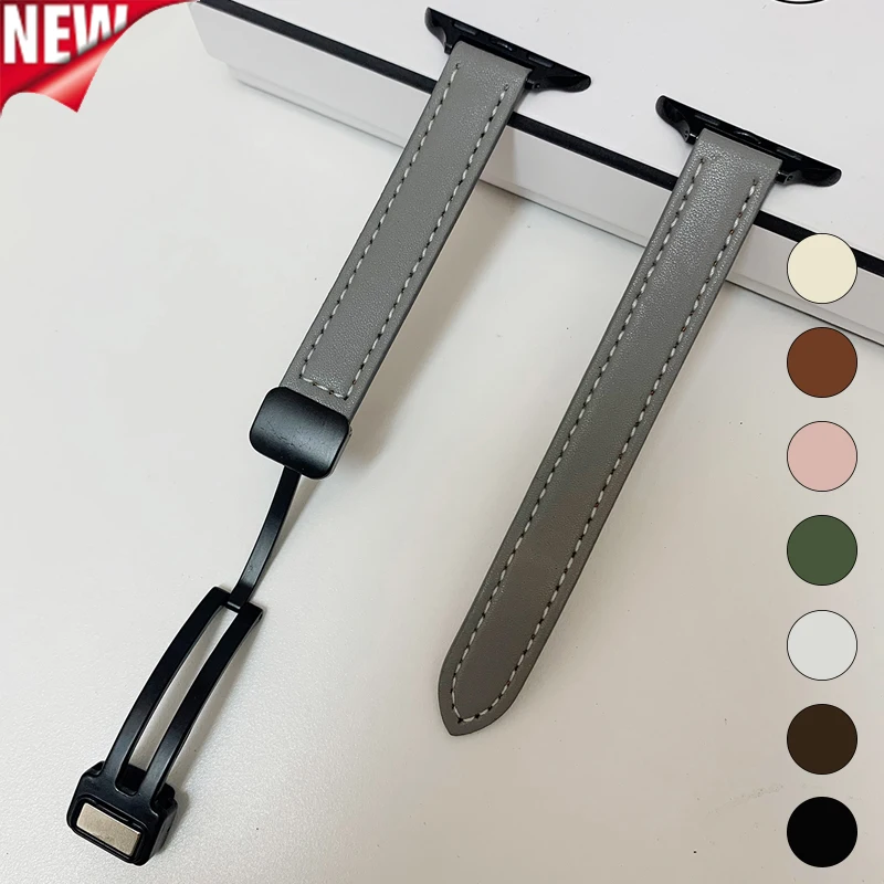 Slim Leather Strap for Apple Watch Series 12 11 10 Ultra 4 3 49mm Band 46 42mm 44 45 40/41mm Folding Bracelet for iWatch9 8 7 SE