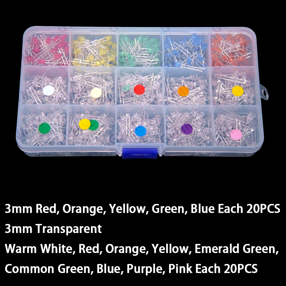 3mm / 5mm LED Red Yellow White Green Blue Orange Warm White Pink Purple Assorted Kit Yellow White Green Blue