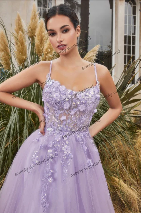 Light Purple Evening Dresses For Women Formal Celebrity Dress 3D Flower Spaghetti Straps Party robe soirée femme