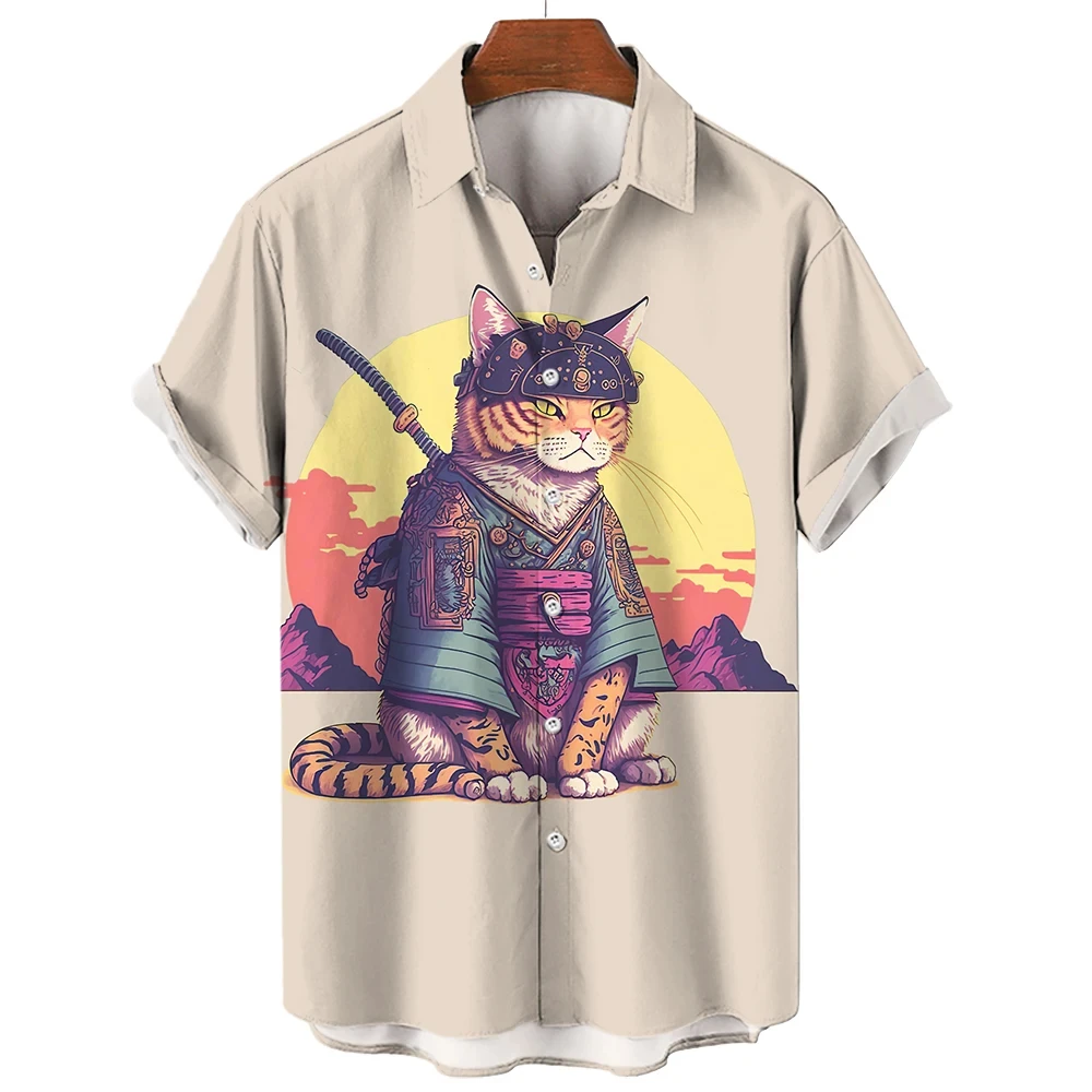 

2024 Japanese Style Men's Shirts Men Clothing Shirt Bushido T-shirt Top Hawaiian Shirt Man Animal Cat 3d Print Shirts Summer