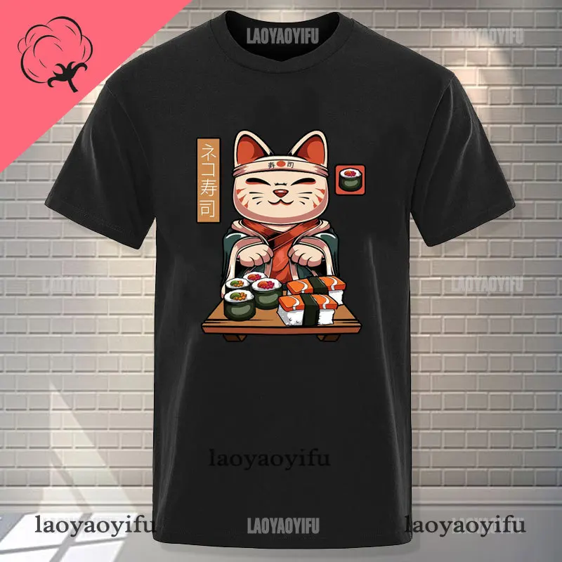 Kawaii Japan Sushi Chef Cat Cartoons Men T shirt Summer Loose Clothes Street Cotton T Shirts Fashion T-Shirts Casual WomenTshirt