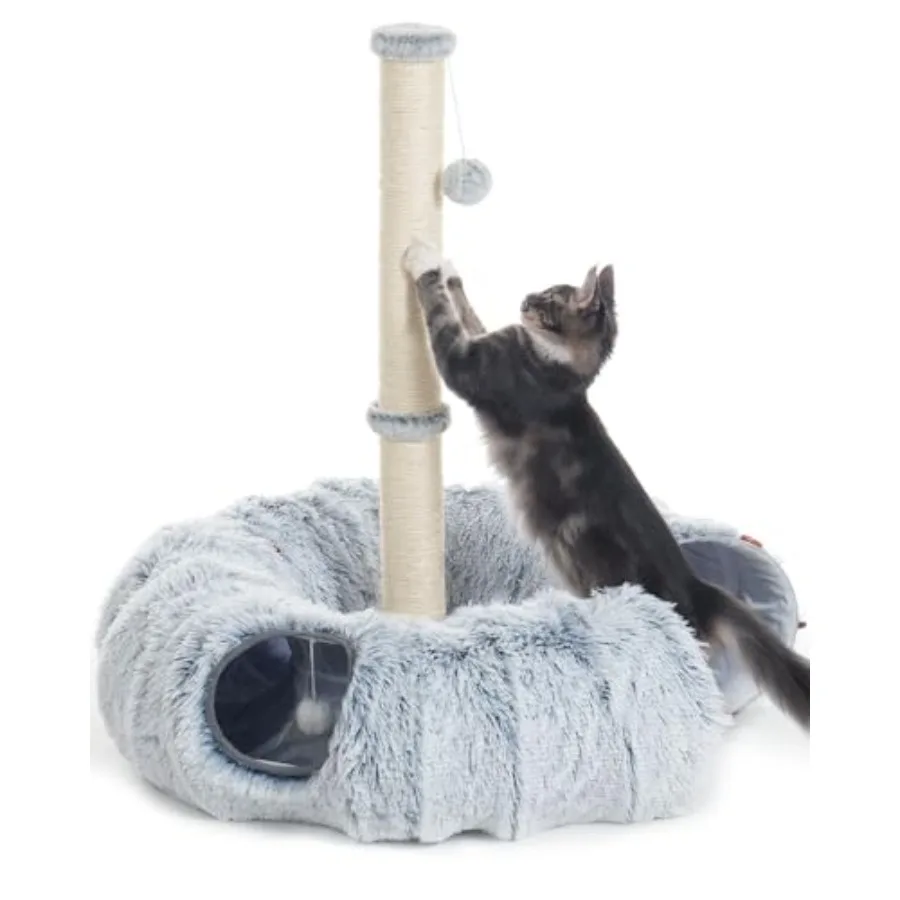 

3-in-1 Cat Scratching Post 34'' Tall with Donut Tunnel Fluffy Plush Peekaboo Cave for Indoor Cats Kittens Puppies Rabbits Ferre