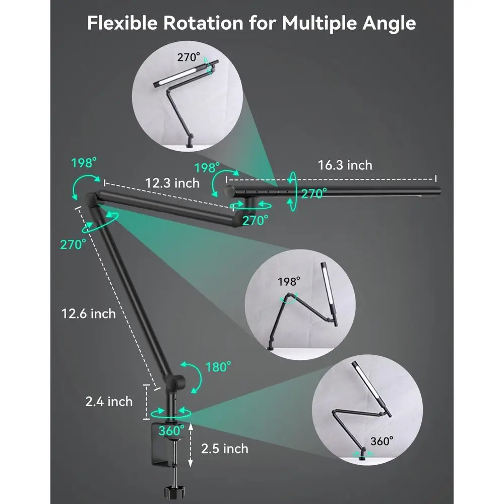 Flexible Clamp LED Desk Lamp, 18W with Dual RGB Lighting, 3-Section Arm, Remote & Sensor, Stepless Dimming, 4 Modes & 5 Brightne