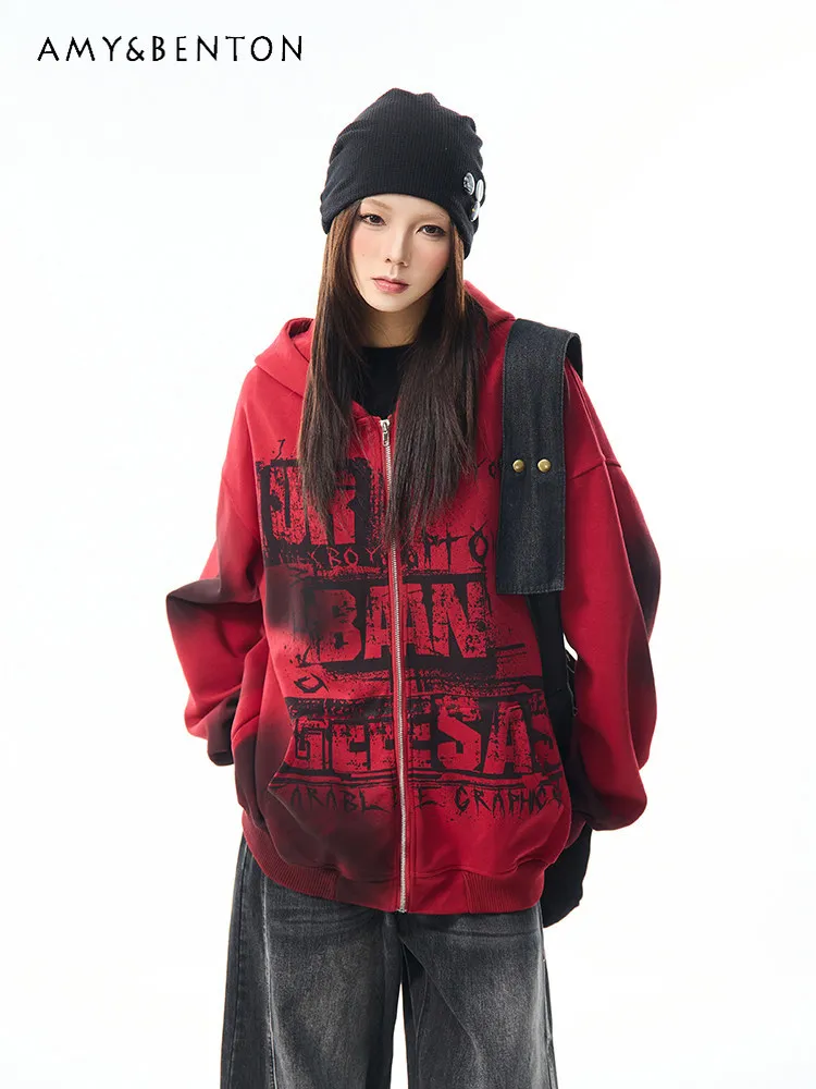 Spring and Autumn New American Retro Dark Street Style Women's Red and Black Tie-dye Loose Casual Letter Printing Hoodie