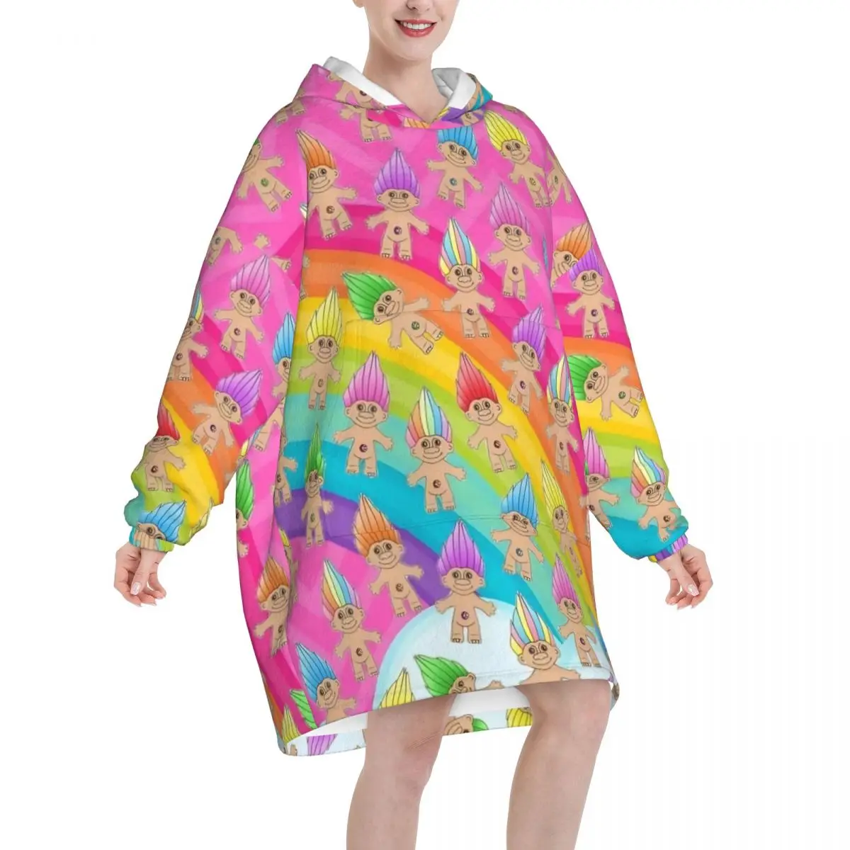Trolls Dolls Oversized Blanket Hoodie Sweatshirt Long Fleece Hooded Wearable Blanket with Large Pocket for Women Men