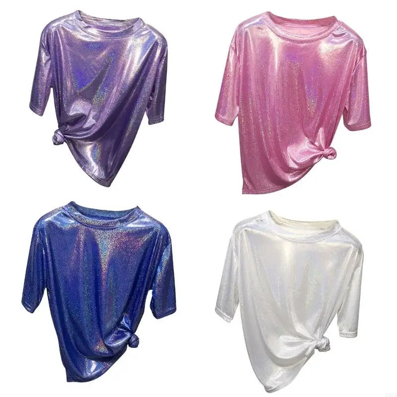 

P88A Women's Neck Top Shiny Glitter T-shirt Short Sleeves Gift Party Blouse