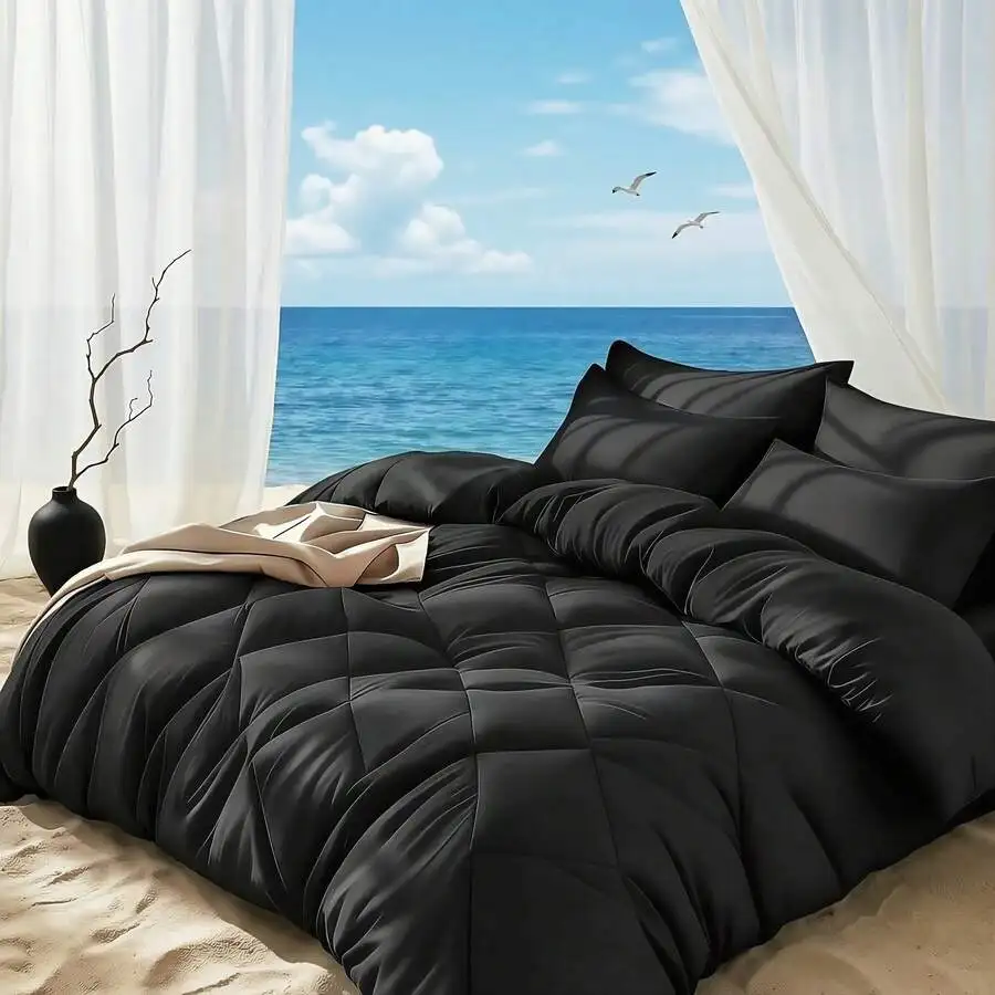 

Minimalist Luxury Diamond Grid Oversized Quilt Set 2 3PCS All Season Bedding Black
