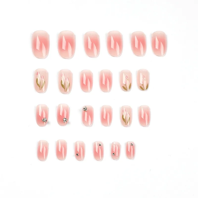 24 pz/set Rosa con Diamanti Tulipano Indossare Unghie Finte Art Rimovibile Riutilizzabile Unghie Finte Kit Acrilico Artificiale Presse su Nail Art