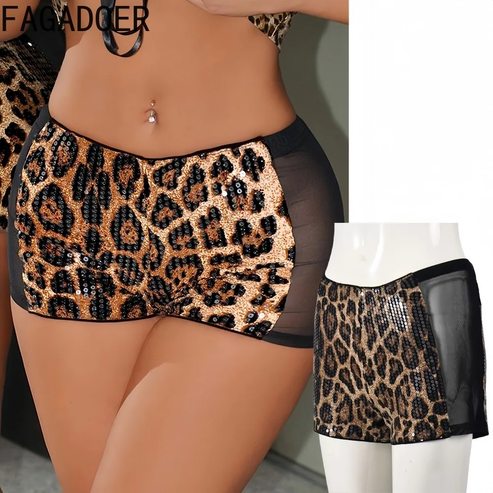

FAGADOER Sexy Mesh Leopard Print Patchwork Bodycon Shorts for Woman Shining Low-rise Shorts Female Streetwear Bottoms 2025 New