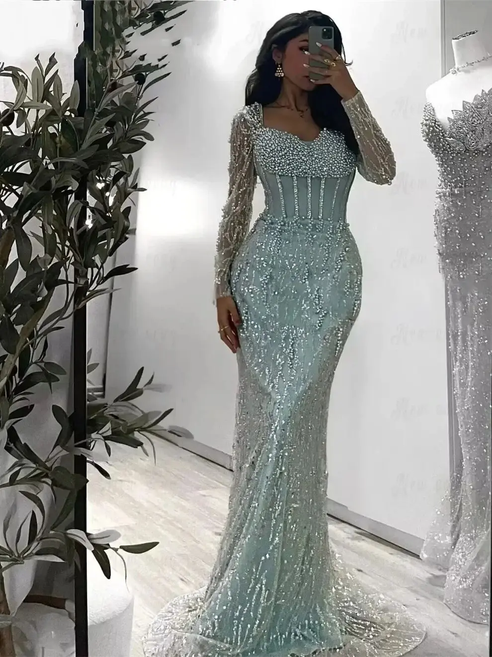 Contessa Custom Luxe Mintgroen Zeemeermin Avondjurk Lange Mouw Korset Zware Kralen Parels Dubai Prom Dress Formeel Feest - afbeelding 2