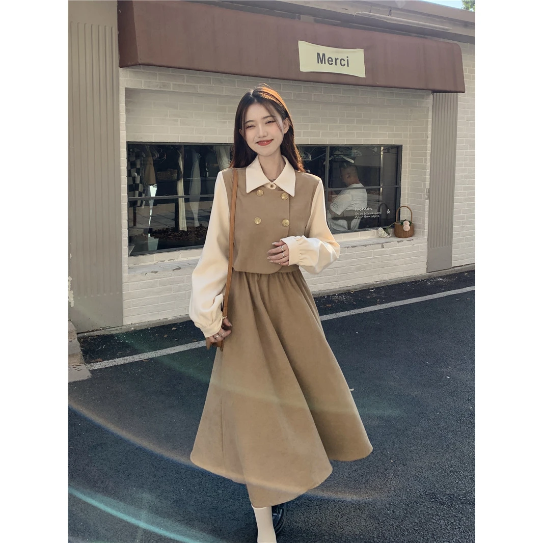 Black Splice Women's Midi Shirt Dress Slimming Hepburn Style Three-quarter Sleeve Citywalk Fashion Fitted Gown Dress