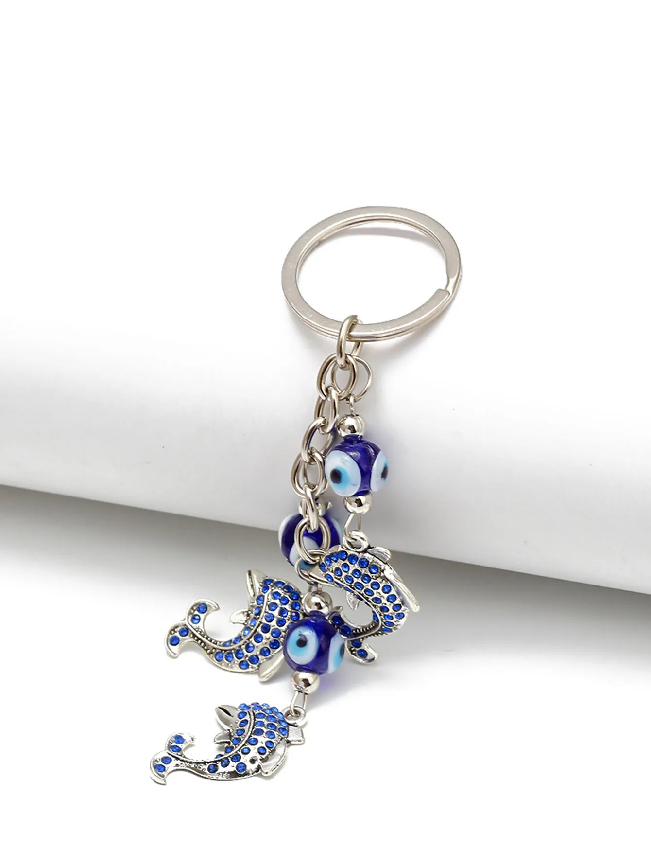 Lucky Eye Alloy Dolphin Keychain Blue Turkish Evil Evil Eye Bead Key Chain Holder Bag Car Keyring llavero porte clé מחזיק מפתחות