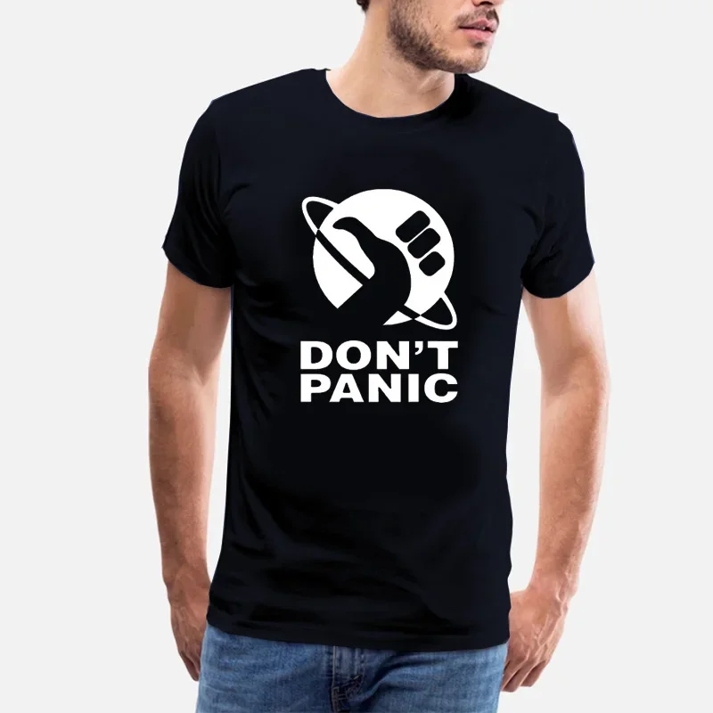 Don't Panic Print Graphic Tshirts Men Camiseta Hombre Dropshipping Summer The Hitchhikers Guide To The Galaxy Logo Men T Shirt