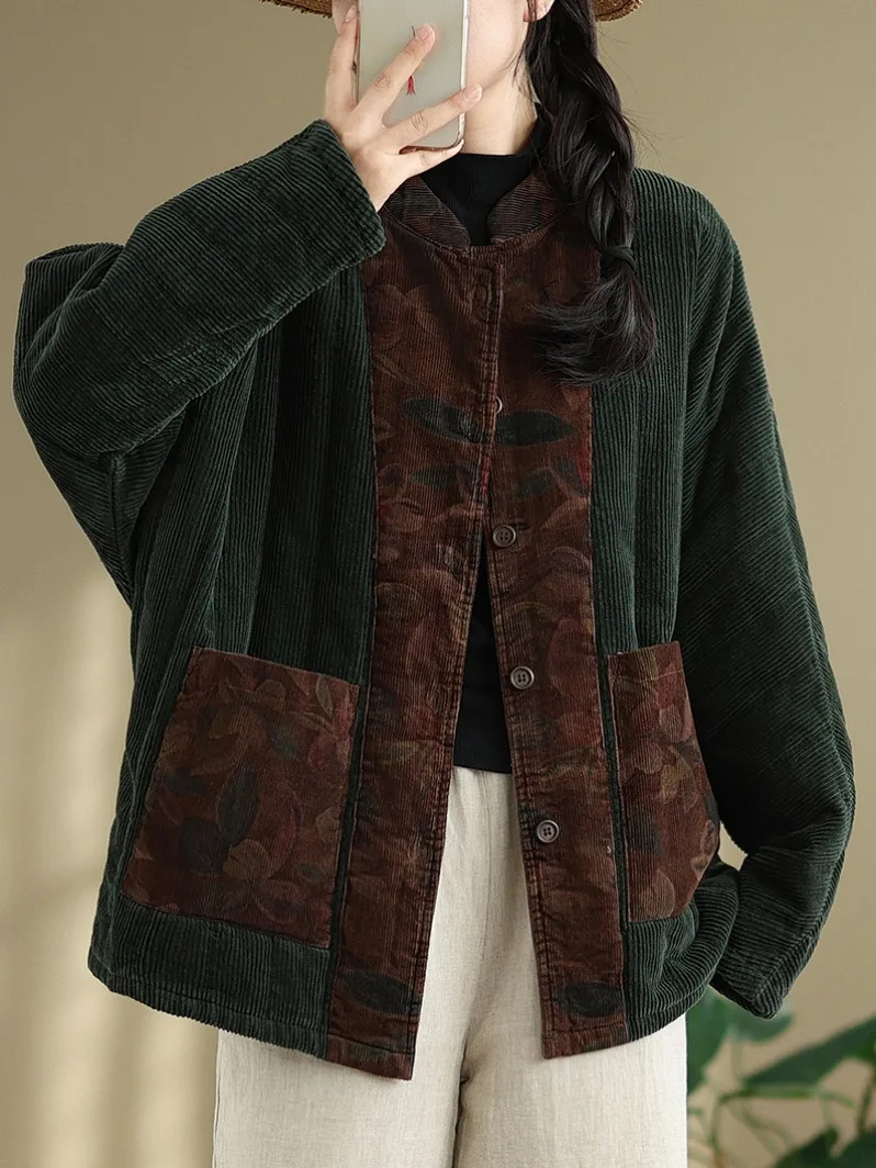

Thickened Cotton Jacket Women's Winter Casual Chic Irregular Print Corduroy Warm Cotton Coat Button Pocket Vintage Style