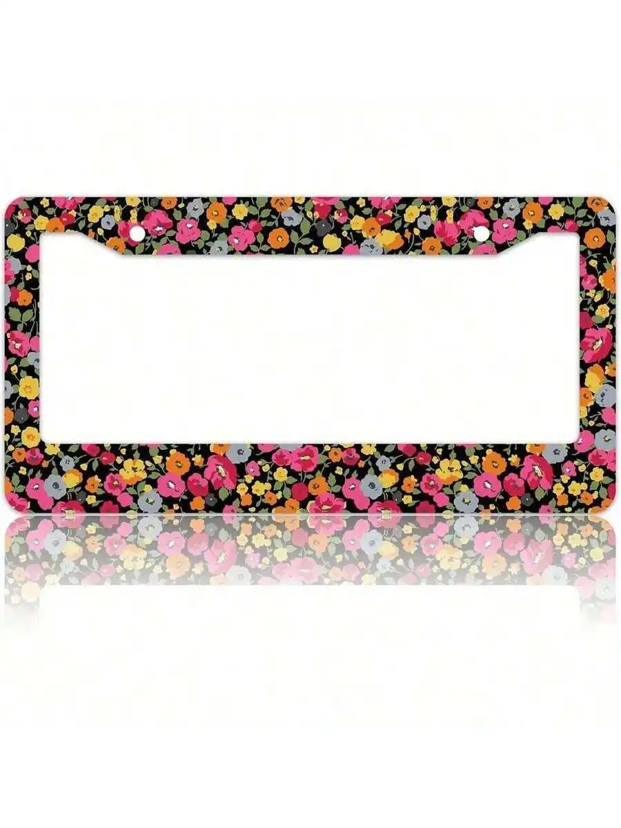 Colorful Flowers Stainless Steel License Plate Frame - Vibrant Floral Design, Universal Fit US Vehicles, 12.2 X 6.3, With