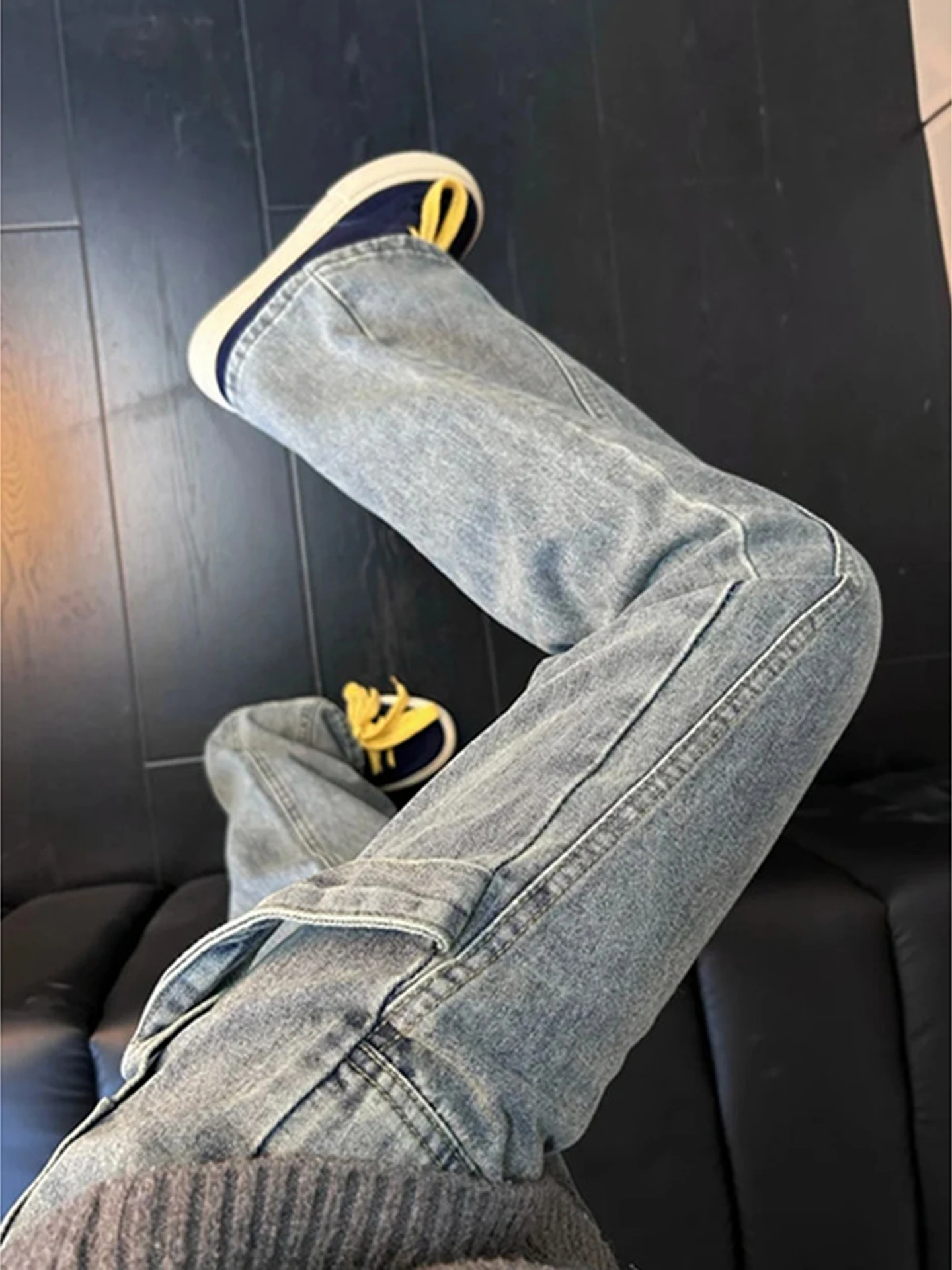 

Blue Chiseled Loggers Workwear Jeans Men's American High Street Vibe Straight Leg Micro Flare Cleanfit Pants Cotton Polyester...