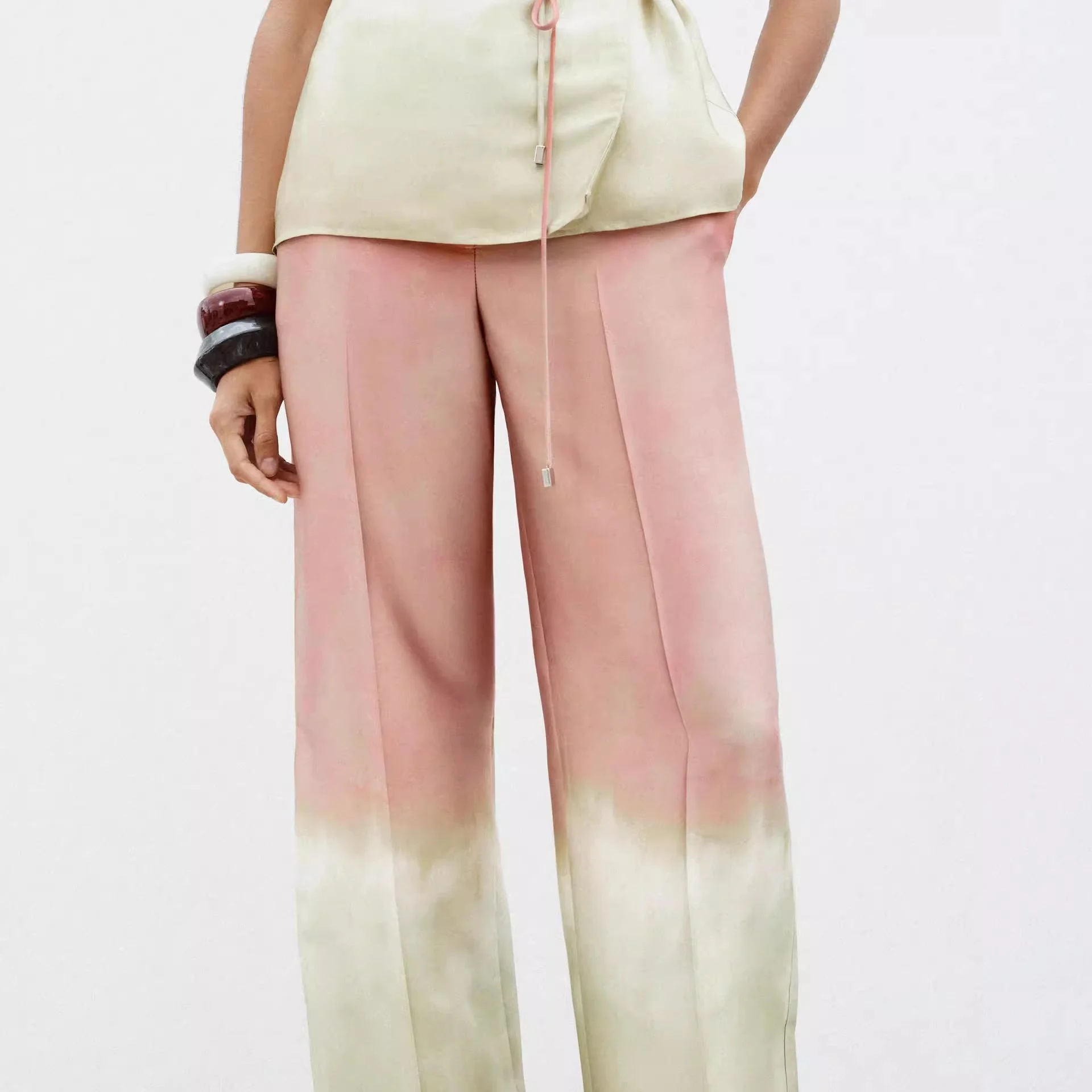 Zomer 2025, losse pasvorm, V-Ne Svel tie-dye print top, hoge taille, wijde pijpen, dames, casual katoen, polyester mix, irt