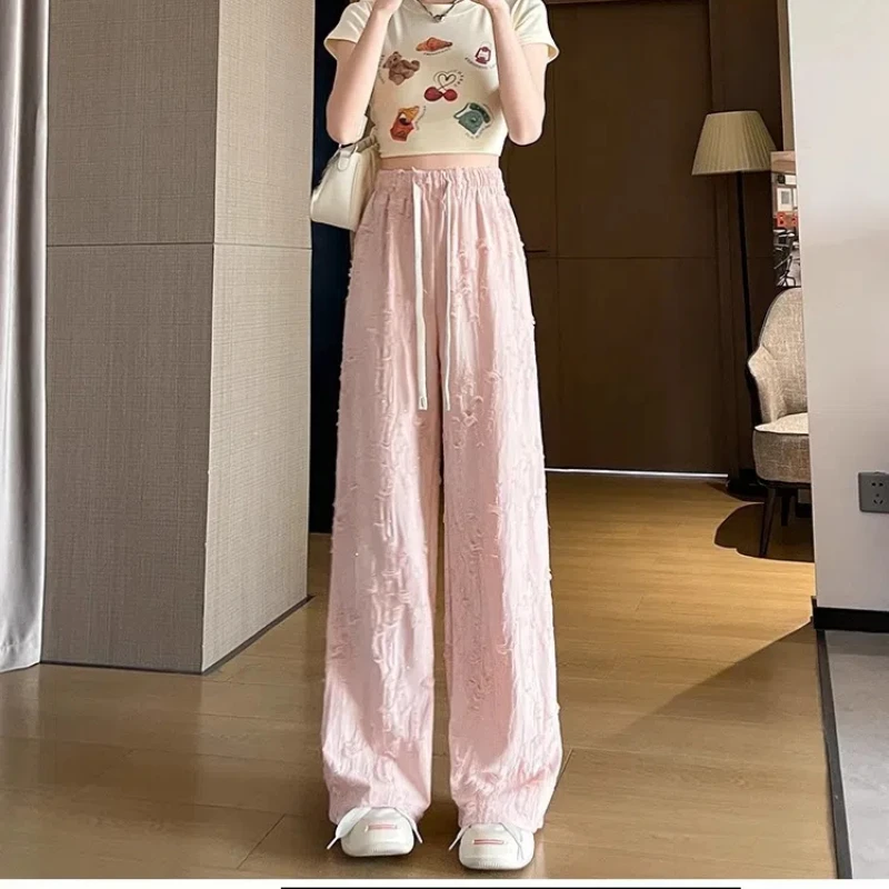 Women Elastic Waist Pleated Loose Pockets Wide Leg Pant Summer New Drawstring Casual Fashion High Waist Straight Pants Trend