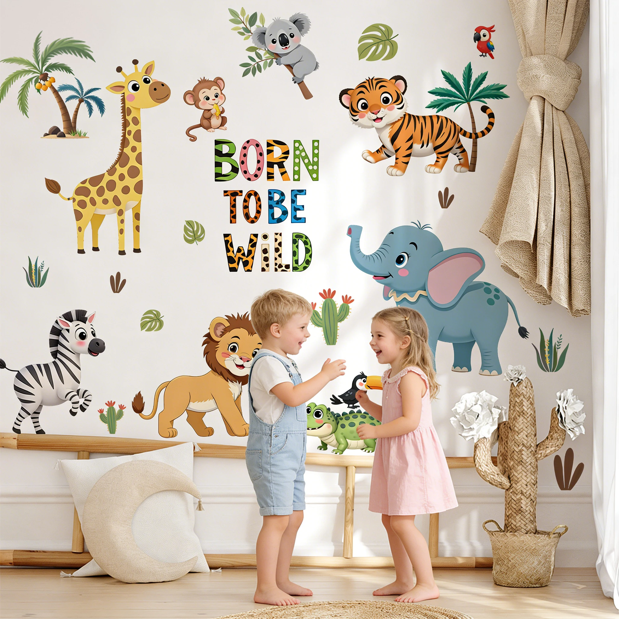 1/2/6 Sheets Safari Animal Wall Sticker,For Kids Playroom or Nursery Decor,Removable Peel and Stick,Adventure Safari Theme Art