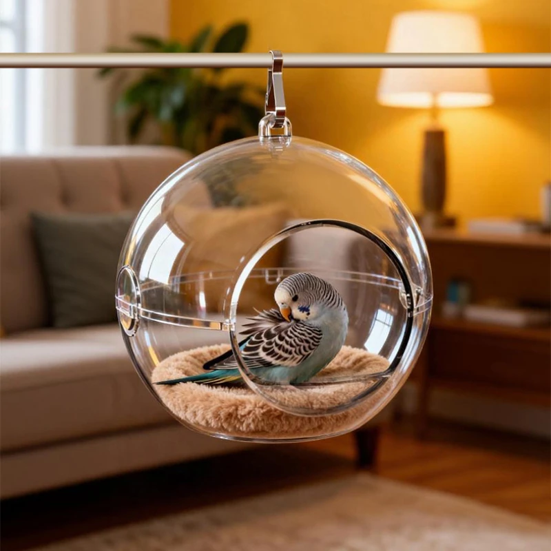 Transparent Bird Nest for Cage Parakeet Nest Small Bird House Can Be Observed Bite-Proof Hanging Parrot Cage with Cotton Pads