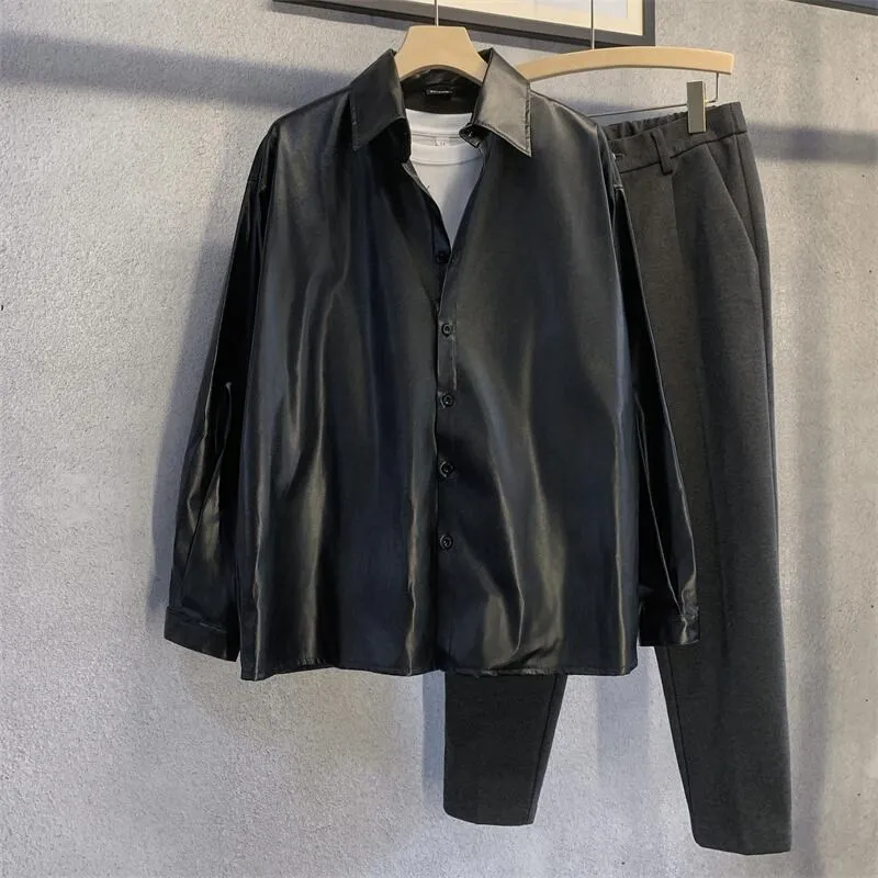 

Bla American Retro Lapel Leather Jaet Men's Casual Loose irt High-End Feeling Cool Outerwear Spring Autumn New Sle